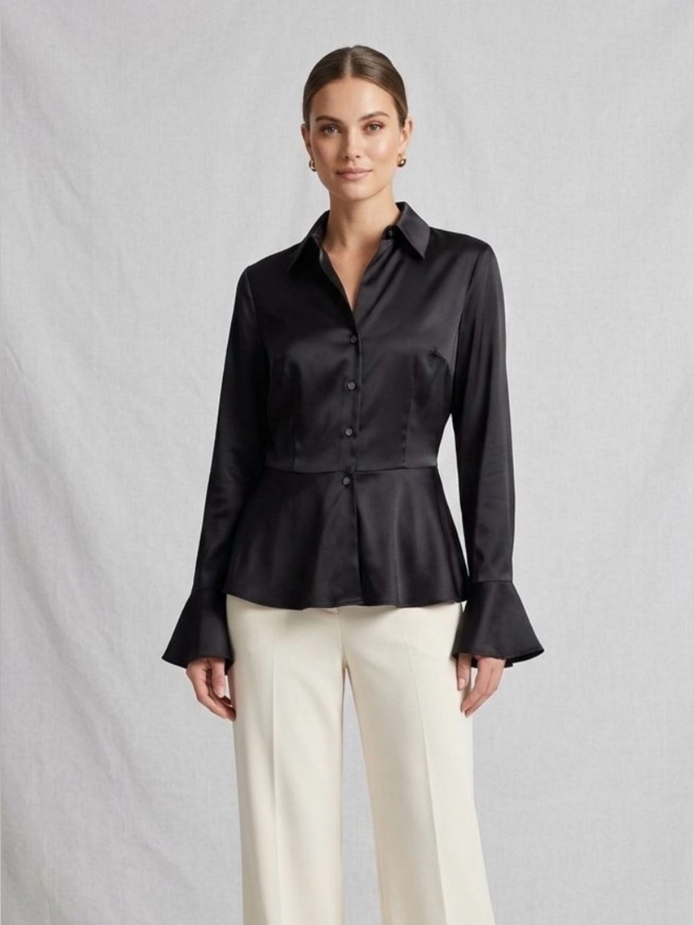 THE LIMITED 100% Silk Y2K Luxurious Blouse ~Black~Peplum~Flounce Cuffs Size M
